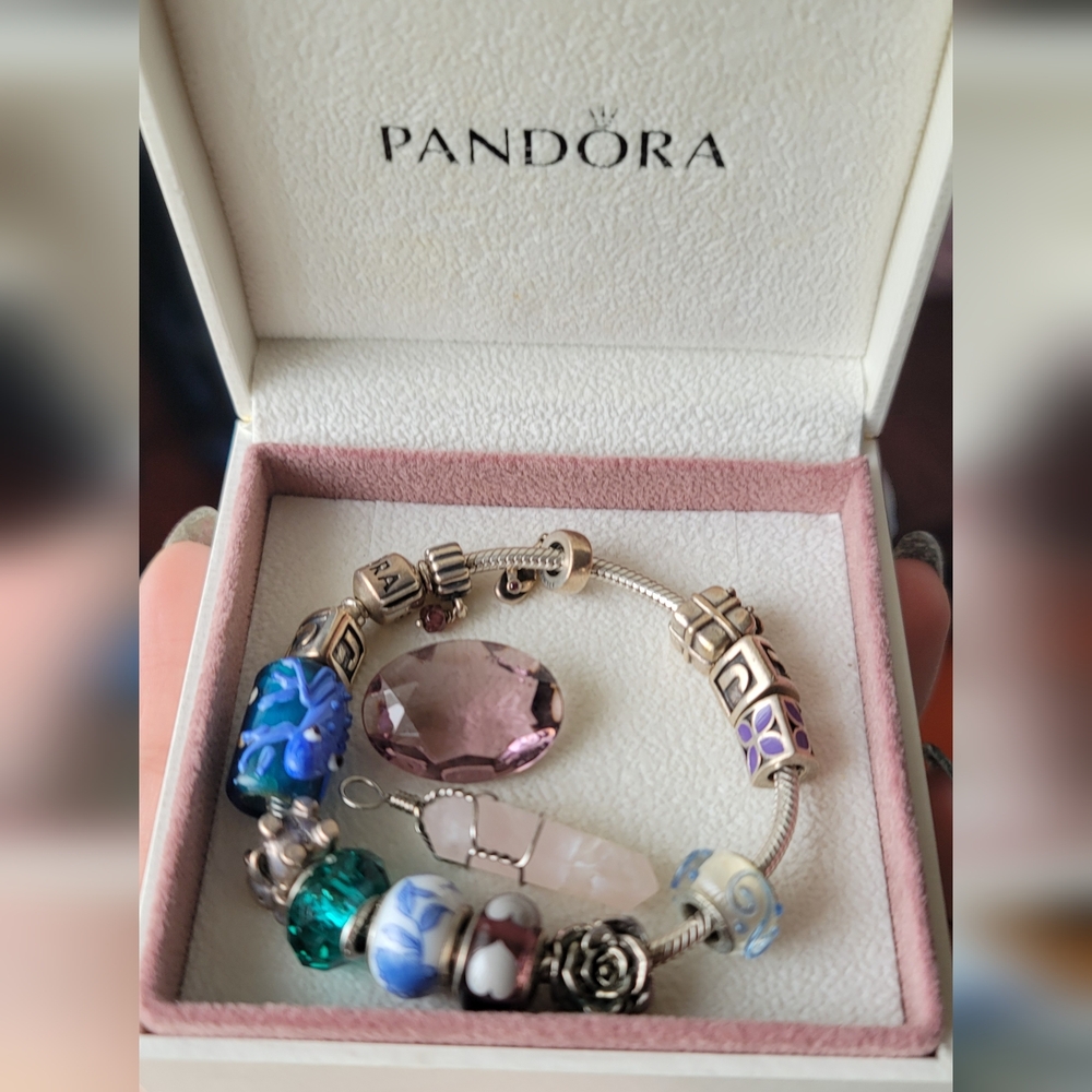 Pandora Silver Bracelet with Purple and Green Charms